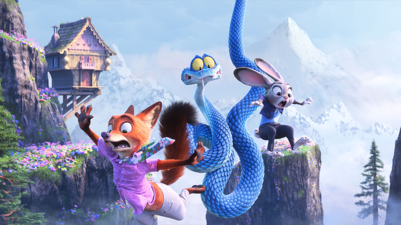 Nick, Gary, and Judy plunging towards the ground in Zootopia 2