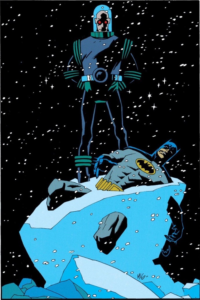 Art of Mr. Freeze standing over Batman trapped in iceberg