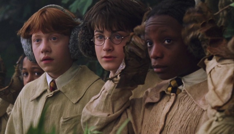 Kathleen Cauley like Lavender Brown next to Daniel Radcliffe and Rupert Grint like Harry Potter and Ron Weasley in herbology with ears on ears