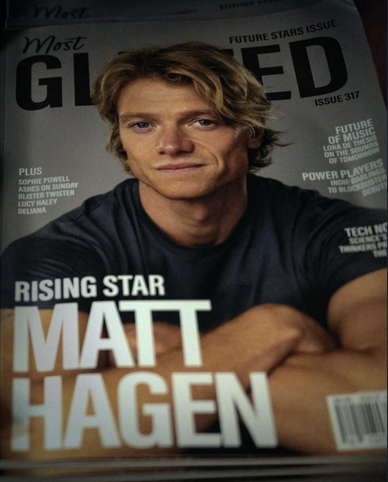 Tom Rhys Harries as Matt Hagen on the cover of a fictional magazine