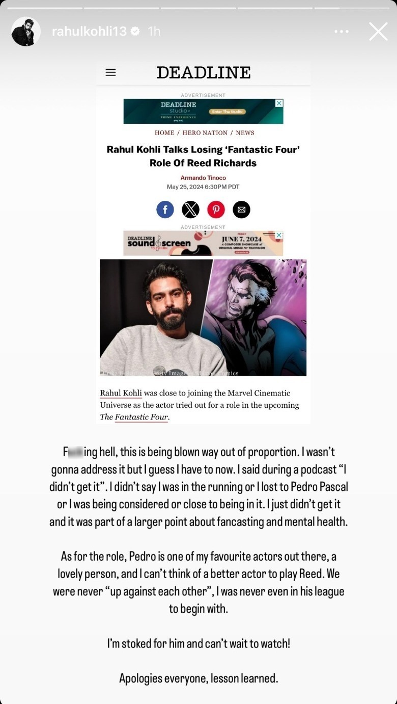 Rahul Kohli Instagram addressing Reed Richards casting story