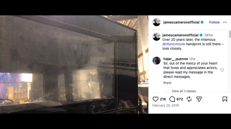 A screenshot of a James Cameron Instagram post showing the Titanic handprint still visible on the window