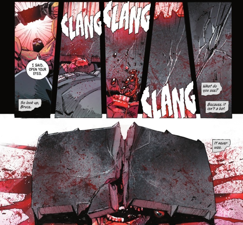 Absolute Batman #11 - Bane bashes in Batman's head with his axe