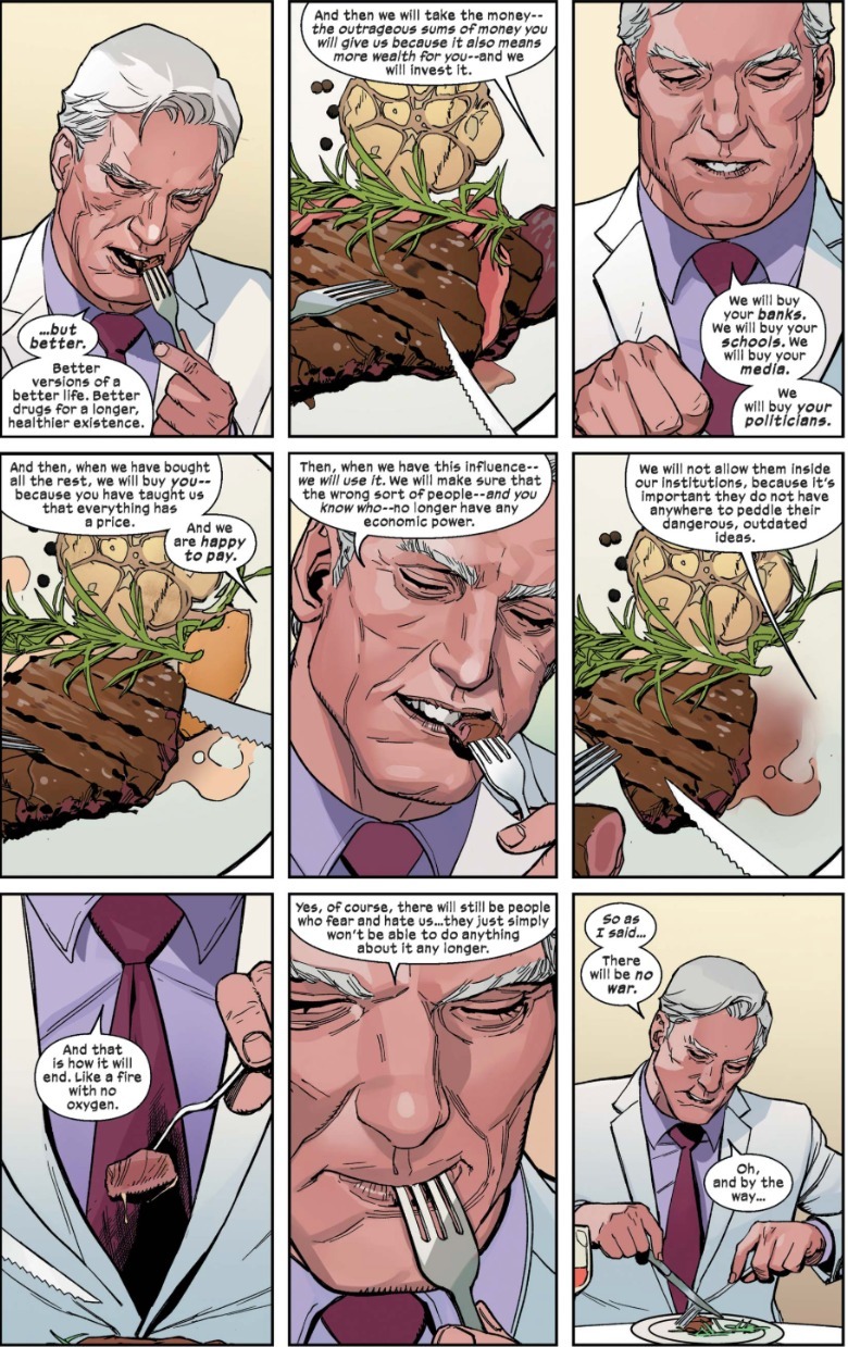 X-Men #4 Magneto eating a steak at Davos