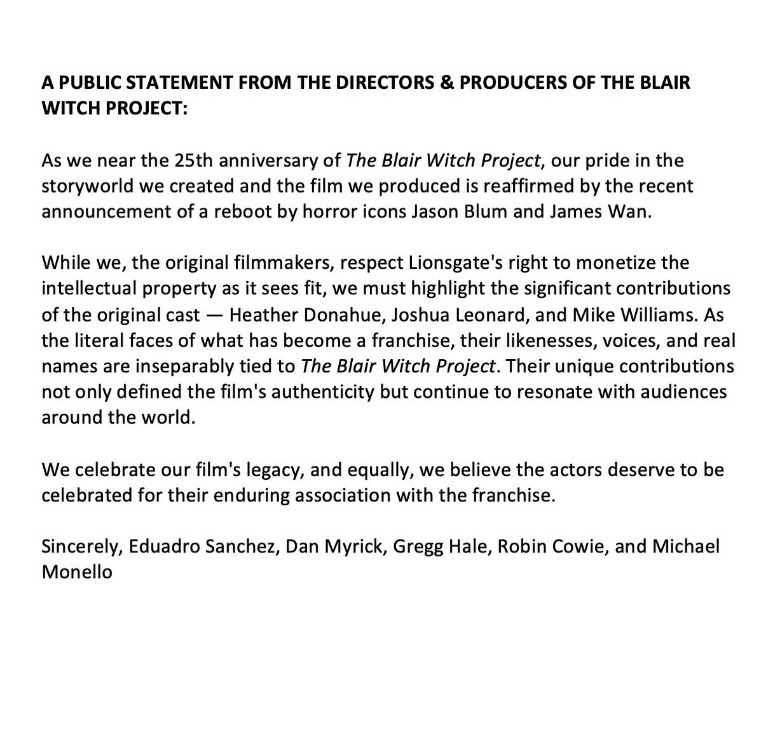 Declaración de apoyo de los realizadores del Proyecto Blair Witch