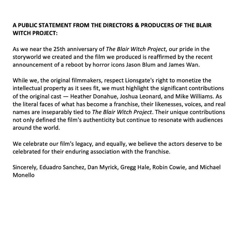 Declaração de apoio dos cineastas do Blair Witch Project