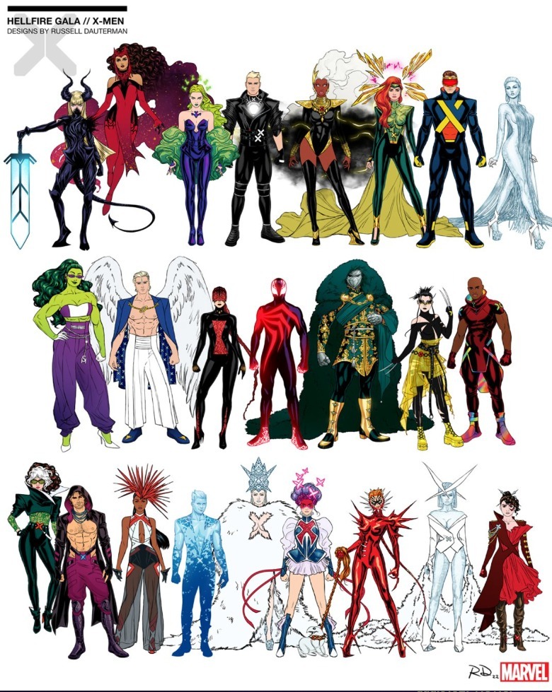 X-Men Hellfire Gala 2021 Pícaro Gambito Ángel Bruja Escarlata Cíclope Emma Forst Spider-Man Doctor Doom Iceman