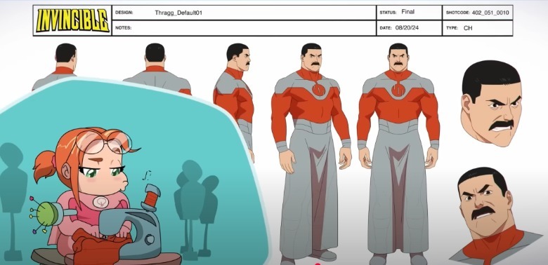 Teaser musim 4 yang tak terkalahkan: Lembar model karakter Thragg dan chibi Atom Eve bekerja di mesin jahit