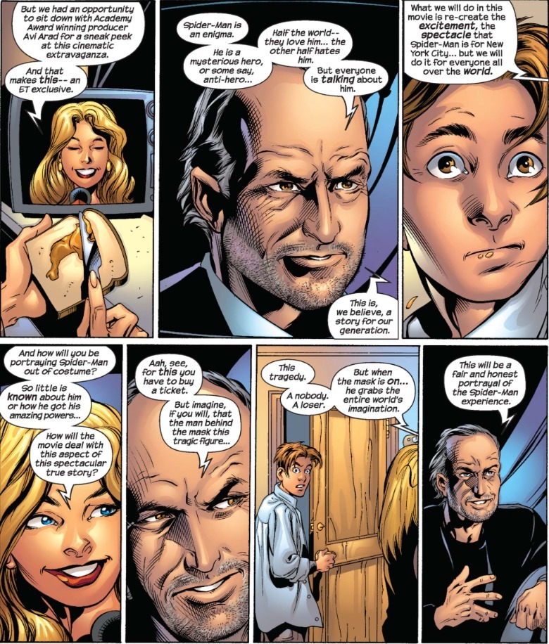 Ultimate Spider-Man #54: Peter watches Avi Arad interview on TV