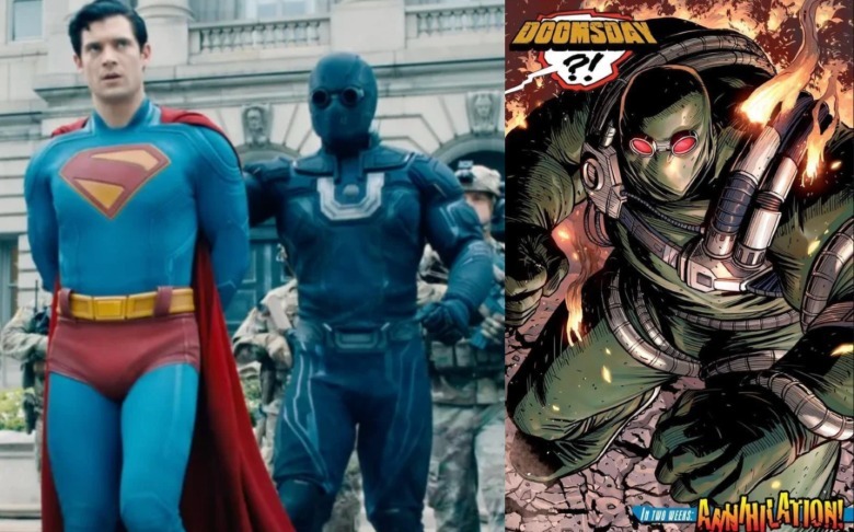 Ultraman arresting Superman contrasted with image of Doomsday in the Superman comics