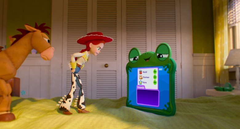 Jessie and Bullseye look at Lilypad disapprovingly in Toy Story 5
