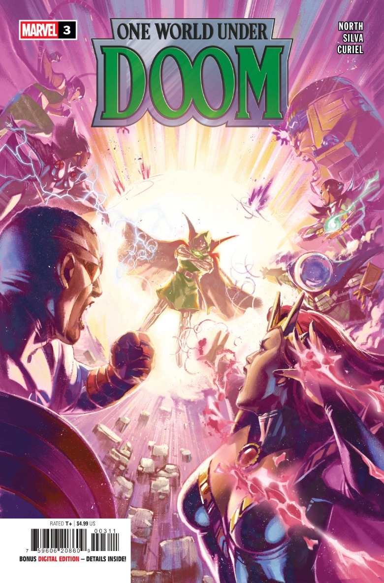 One World Under Doom #3 cover Avengers and Masters of Evil vs Doctor Doom