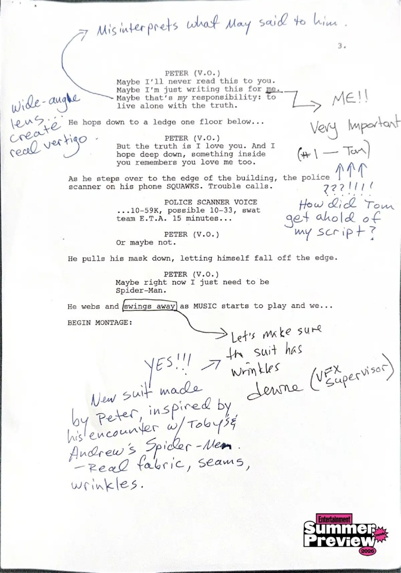 ஸ்பைடர் மேனுக்கான குறிப்புகளால் நிரப்பப்பட்ட ஸ்கிரிப்ட் பக்கம்: புத்தம் புதிய நாள்