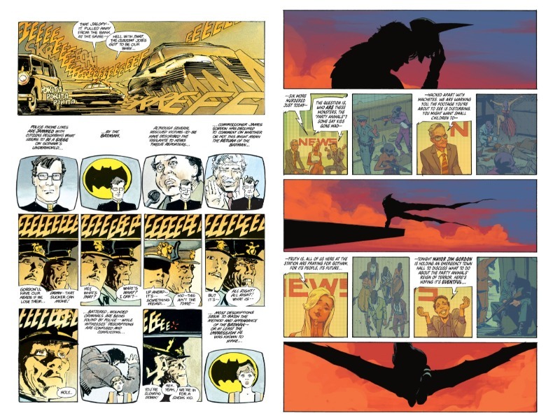 The Dark Knight Returns page of talking heads vs Absolute Batman page of talking heads