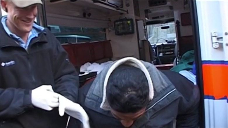 Sala Baker showing injury on the set of The Two Towers