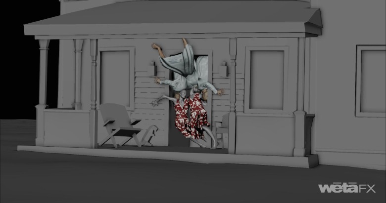 A CG rendering of The Pedestrian emerging from the farmhouse in Resident Evil