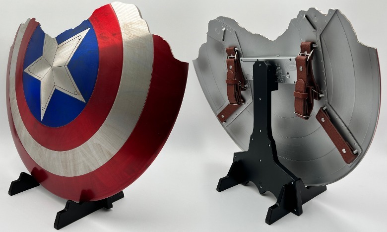The battle damaged front and back of Captain America's shield from Avengers: Endgame