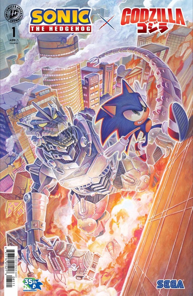 Sonic runs up the side of a burning building as Mechagodzilla watches on the cover of Sonic x Godzilla