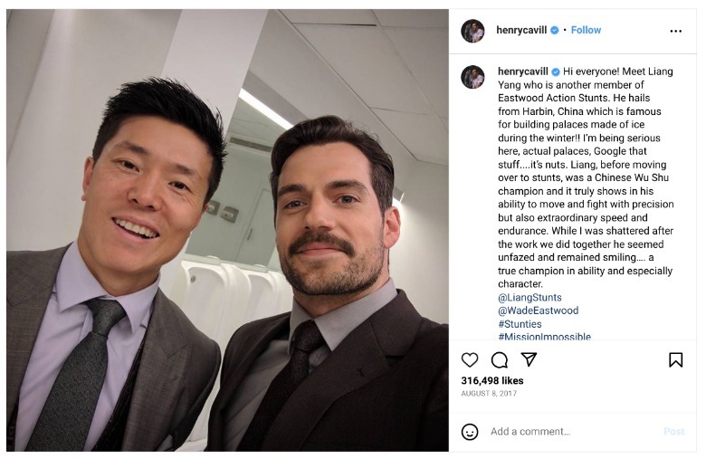Henry Cavill and Liang Yang on the set of Mission Impossible Fallout
