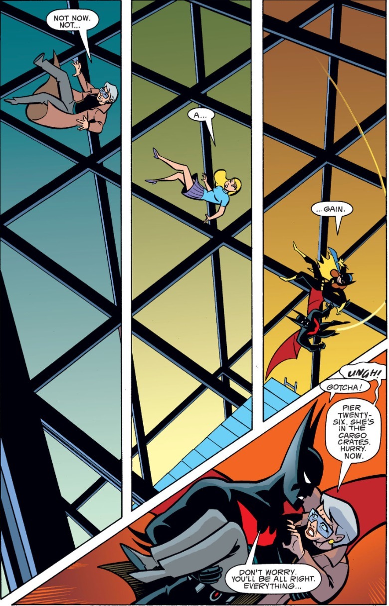 Batman Beyond comic Terry McGinnis as Batman saves Barbara Gordon from falling
