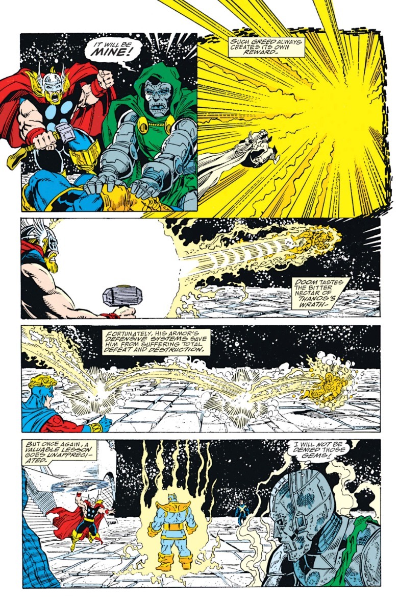 Doctor Doom and Thor trying to steal the Infinity Gauntlet from Thanos
