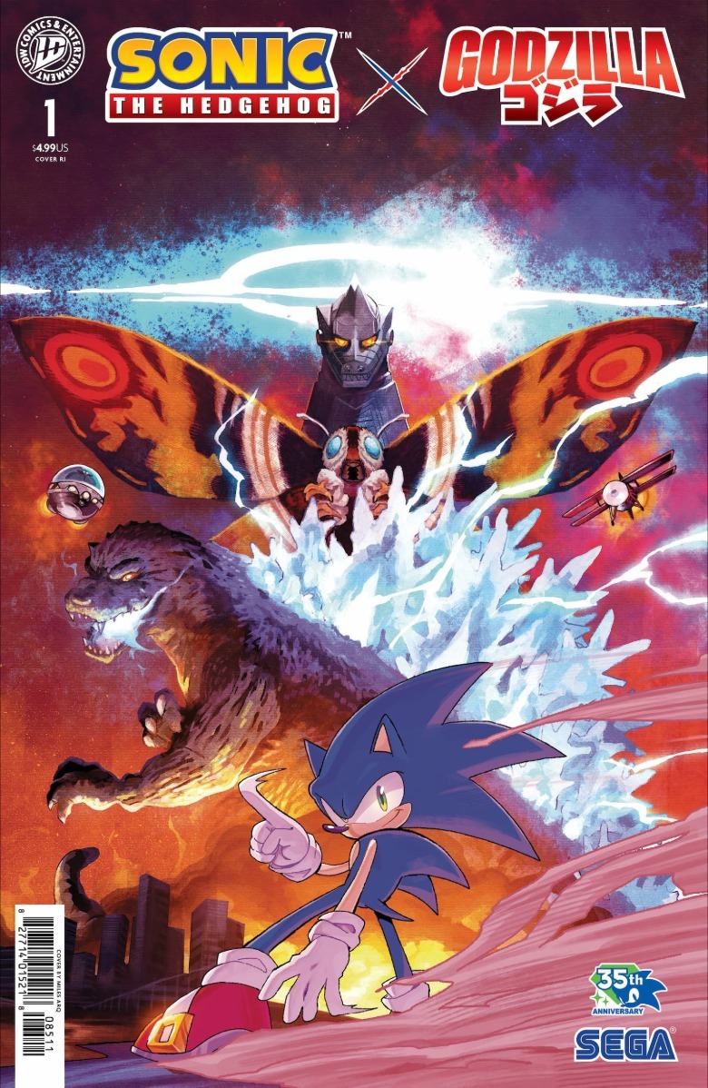 Sonic wagging his finger while Godzilla