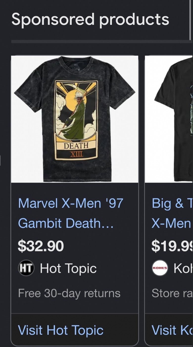 Hot Topic listing of X-Men '97 shirt of Gambit as Horseman Death