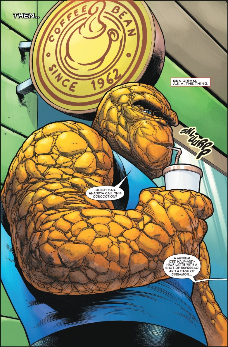 Spectacular Spider-Men #12 Page 1 The Thing with a coffee cup