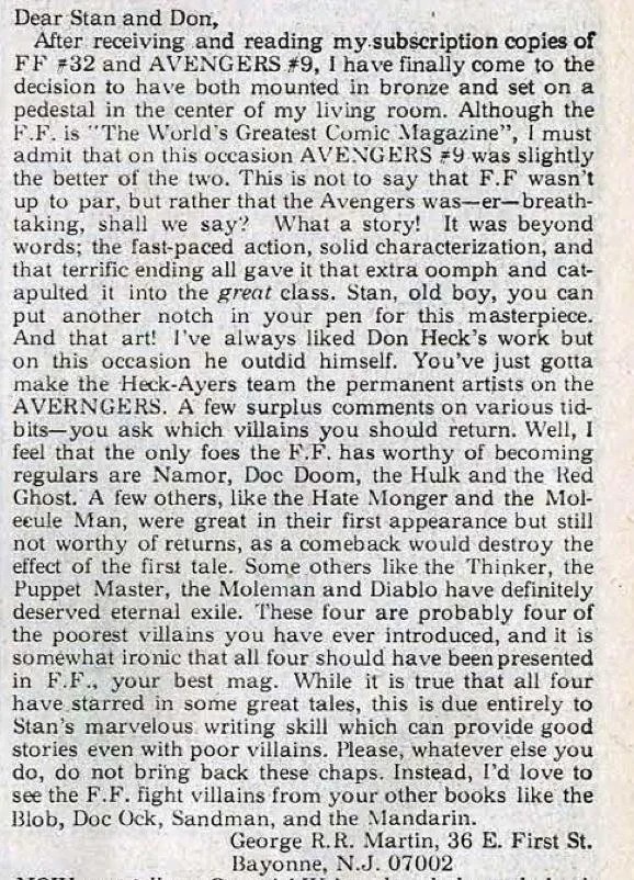 George R. R. Martin Marvel Comics letter