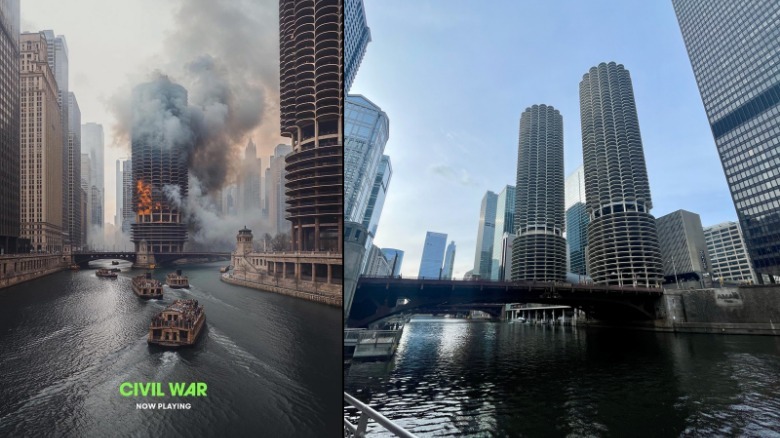 A24 Civil War poster compared with real photo of Marina City
