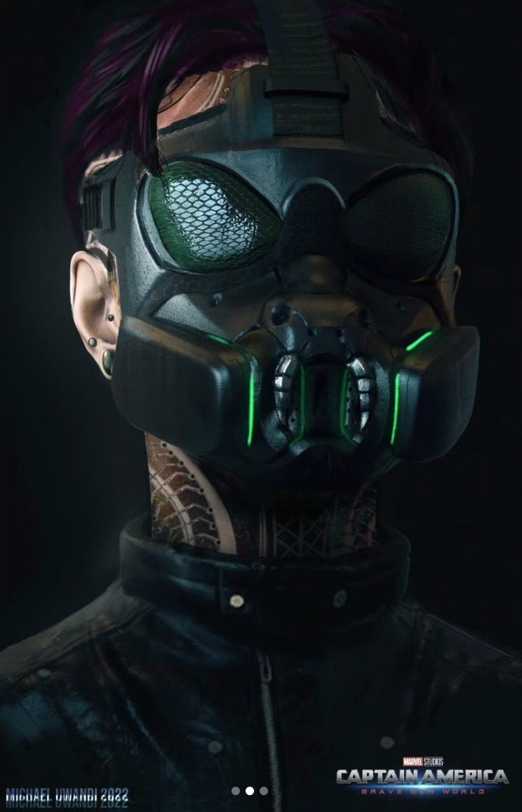 Concept art of Diamondback's gas masked face from Captain America: Brave New World