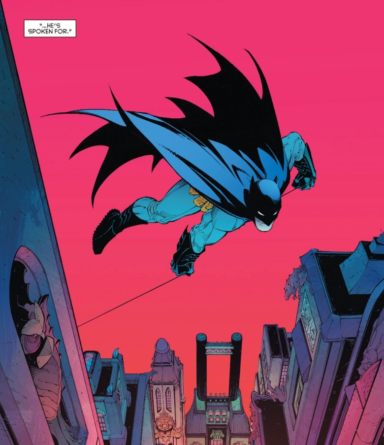 Batman swinging through Gotham City