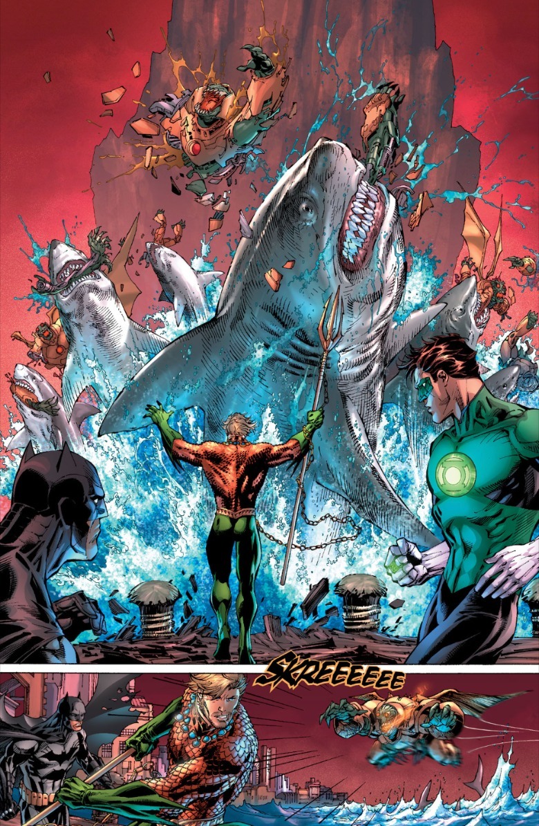 Justice League #4 - Aquaman summons sharks to eat Parademons