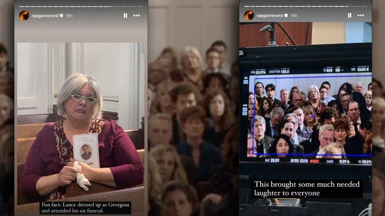 Una imagen compuesta de capturas de pantalla de las Historias de Instagram de Revord de Lance Barber vestido como Georgina y una captura de pantalla de su aparición en el episodio del funeral del joven Sheldon.
