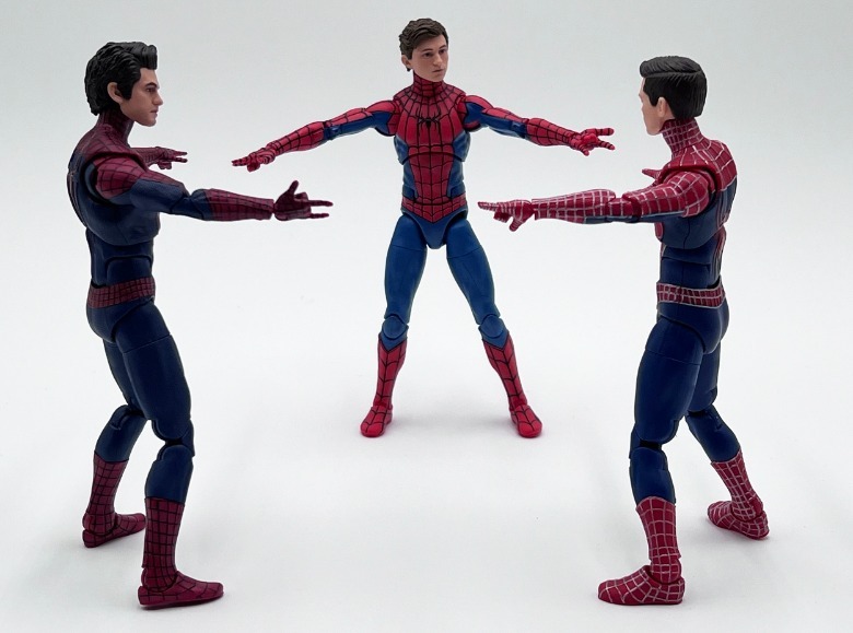 Marvel Legends Spider-Man: No Way Home all Spider-Man action figures pointing at each other