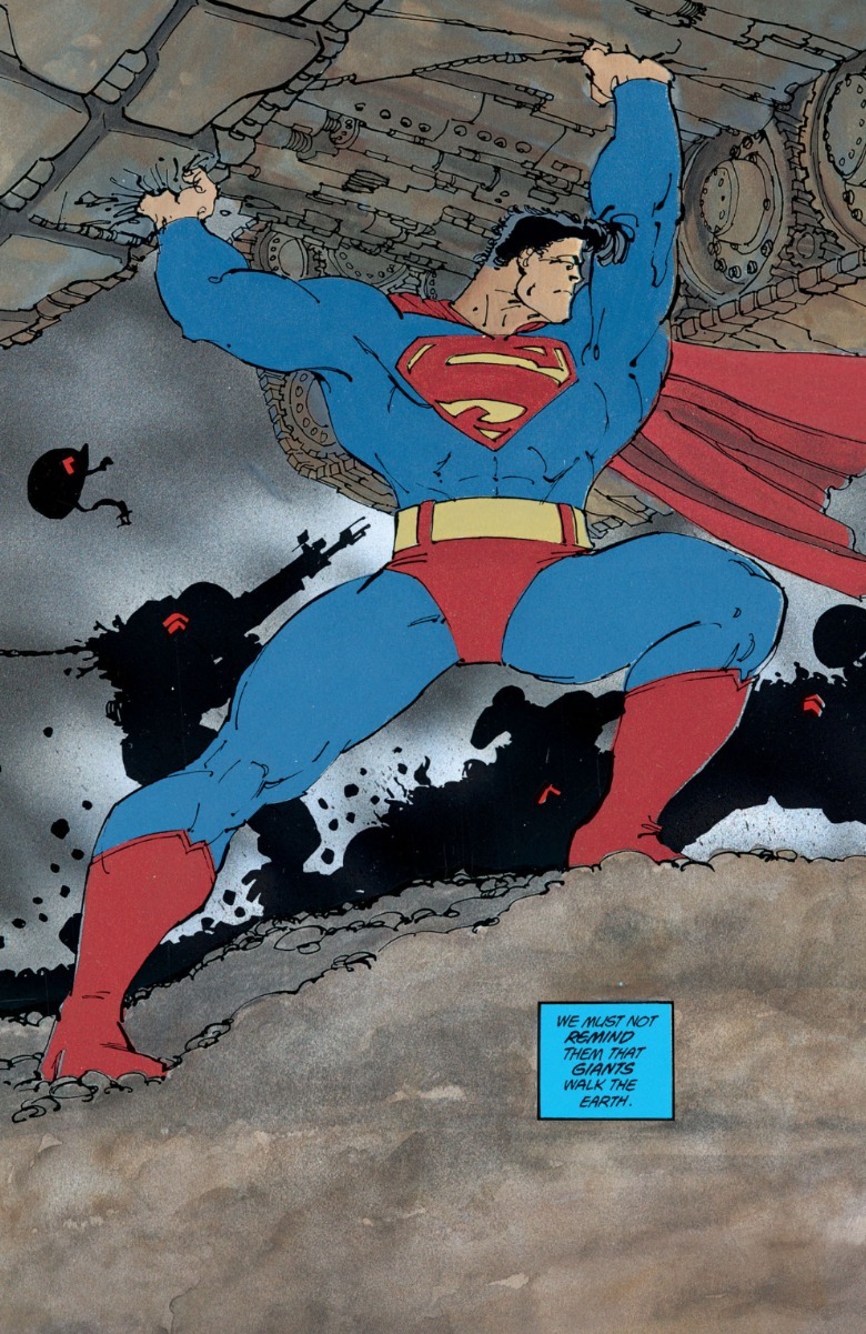 The dark knight returns Superman picking up a tank