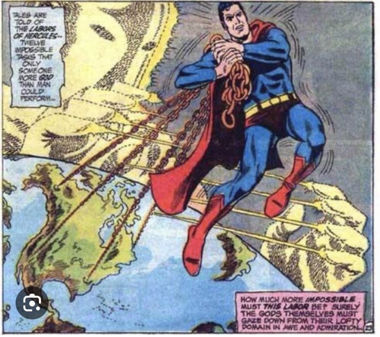 DC Comics Superman moving Earth with chains as Doctor Fate looks in background
