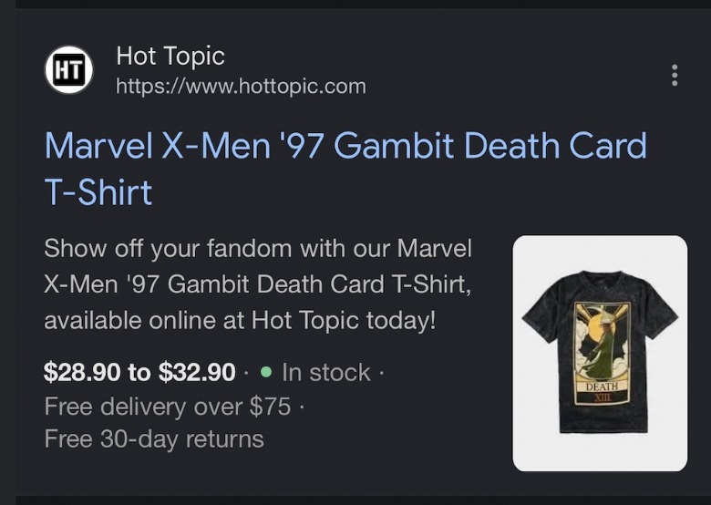 Hot Topic listing of X-Men '97 shirt of Gambit as Horseman Death