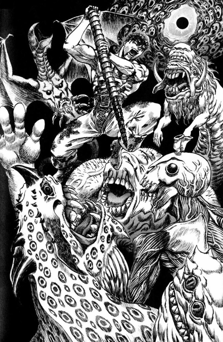 Berserk Guts fighting Apostles during the Eclipse