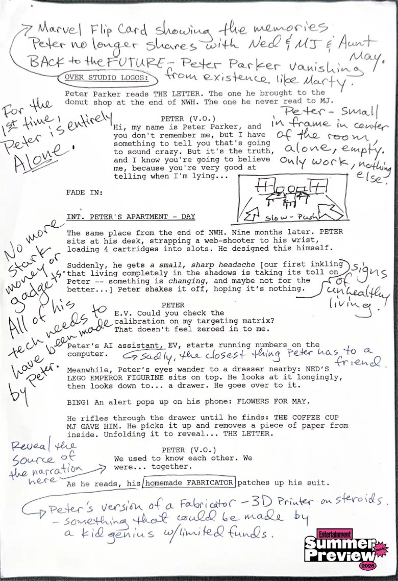 ஸ்பைடர் மேனுக்கான குறிப்புகளால் நிரப்பப்பட்ட ஸ்கிரிப்ட் பக்கம்: புத்தம் புதிய நாள்