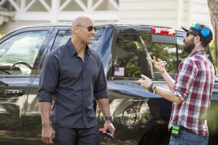 Dwayne Johnson, director Brad Peyton, on set of San Andreas