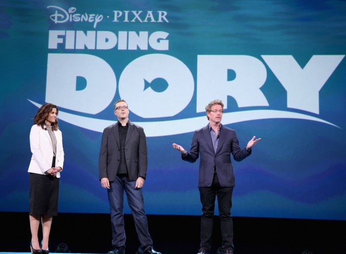 ANAHEIM, CA - AUGUST 14: (L-R) Producer Lindsey Collins and directors Angus MacLane and Andrew Stanton of FINDING DORY took part today in 