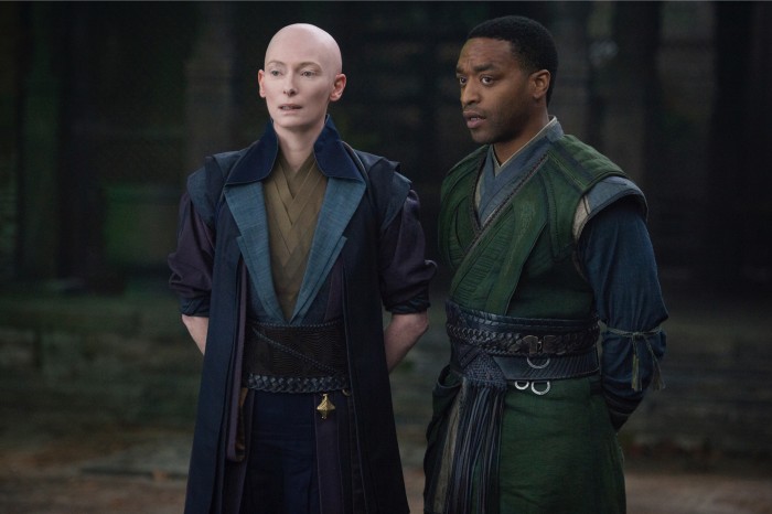 Chiwetel Ejiofor as Baron Karl Mordo in Doctor Strange with Tilda Swinton as The Ancient One
