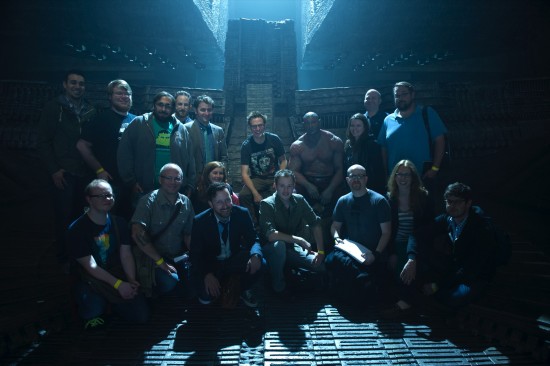 Peter Sciretta along with the other journalists on the visit, with director James Gunn and star Dave Batista in full make-up as Drax in front of Ronin's throne in the Dark Aster space ship set of Guardians of the Galaxy