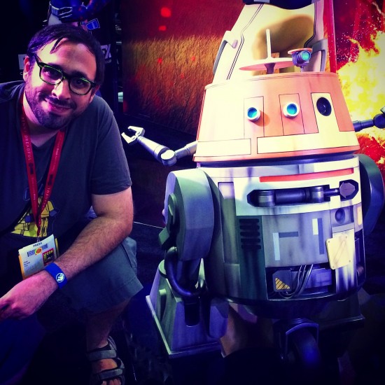 Peter Sciretta with a life-size statue of Chopper from the new Star Wars Rebels television series