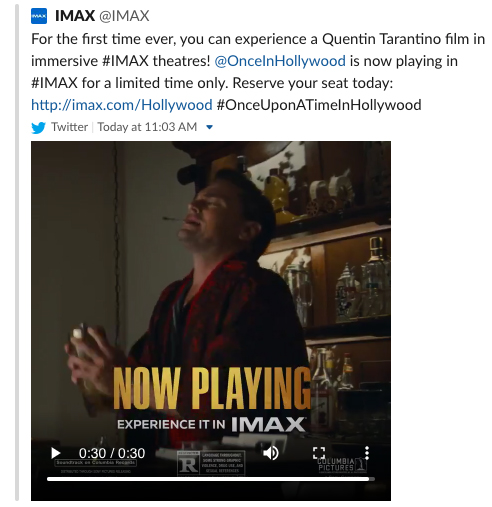 Once Upon a Time in Hollywood IMAX tweet