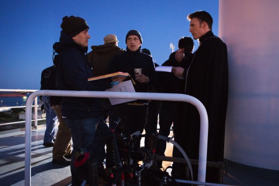 Russo Brothers and Chris Evans on the set of Captain America: The Winter Soldier
