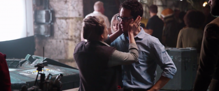 Carrie Fisher and JJ Abrams on the set of Star Wars: The Force Awakens