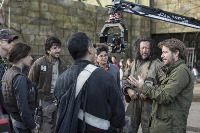 Star Wars Rogue One set - Diego Luna, Felicity Jones, Jiang Wen, Gareth Edwards