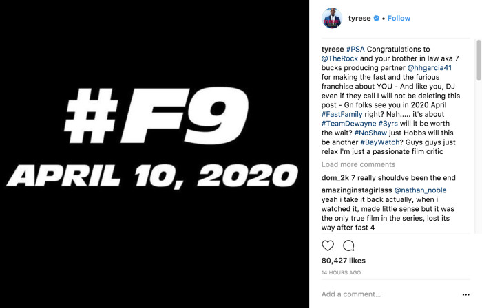 Tyrese fast 9 Insta post